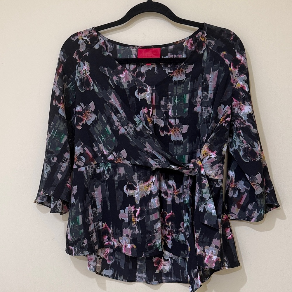 Jennifer Lopez Artistic Brushstroke Blouse - 3/4 sleeves Women’s side tie top S